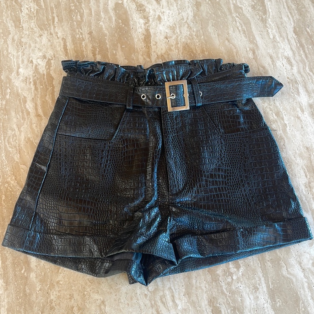 Pleather crocodile belted shorts